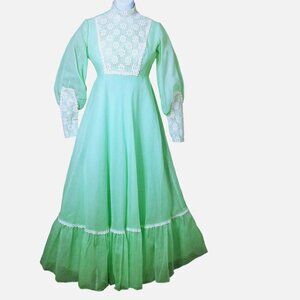 Vintage 60s Prairie Maxi Dress S(6) Ruffle Mutton LSL Floral Lace USA-Union Lime
